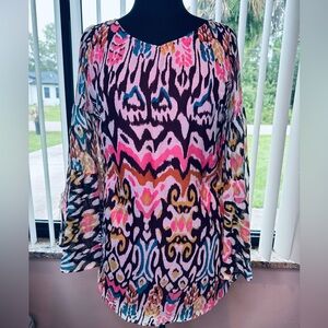 Rancho Estancia Multicolor Patterned Women's Bell Sleeve Tunic Top Size Medium